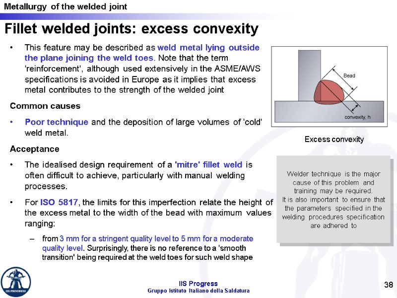 38 Fillet welded joints: excess convexity This feature may be described as weld metal